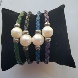 Bracelet Set Braided Leather Bangles White Pearl Beads Multicolor Boho Jewelry